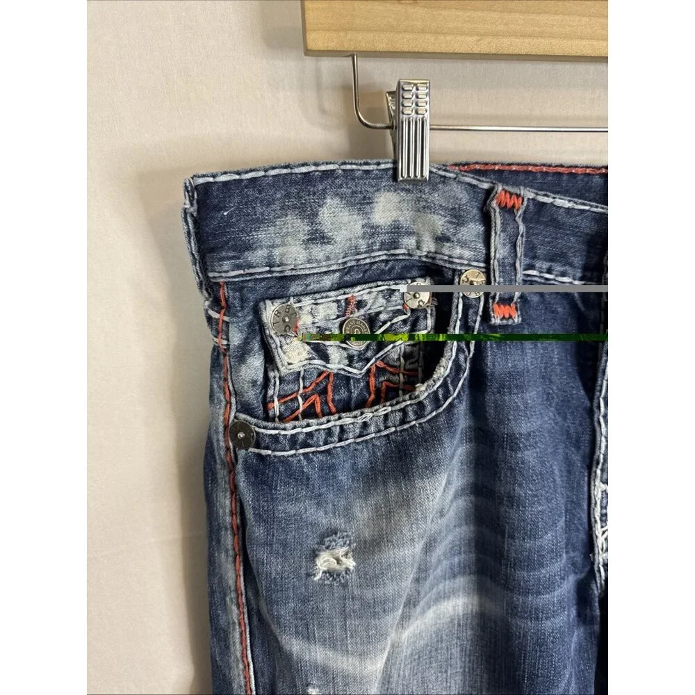 True Religion Ricky Relaxed Straight Jeans 38x32 Made USA Distressed Flap‎